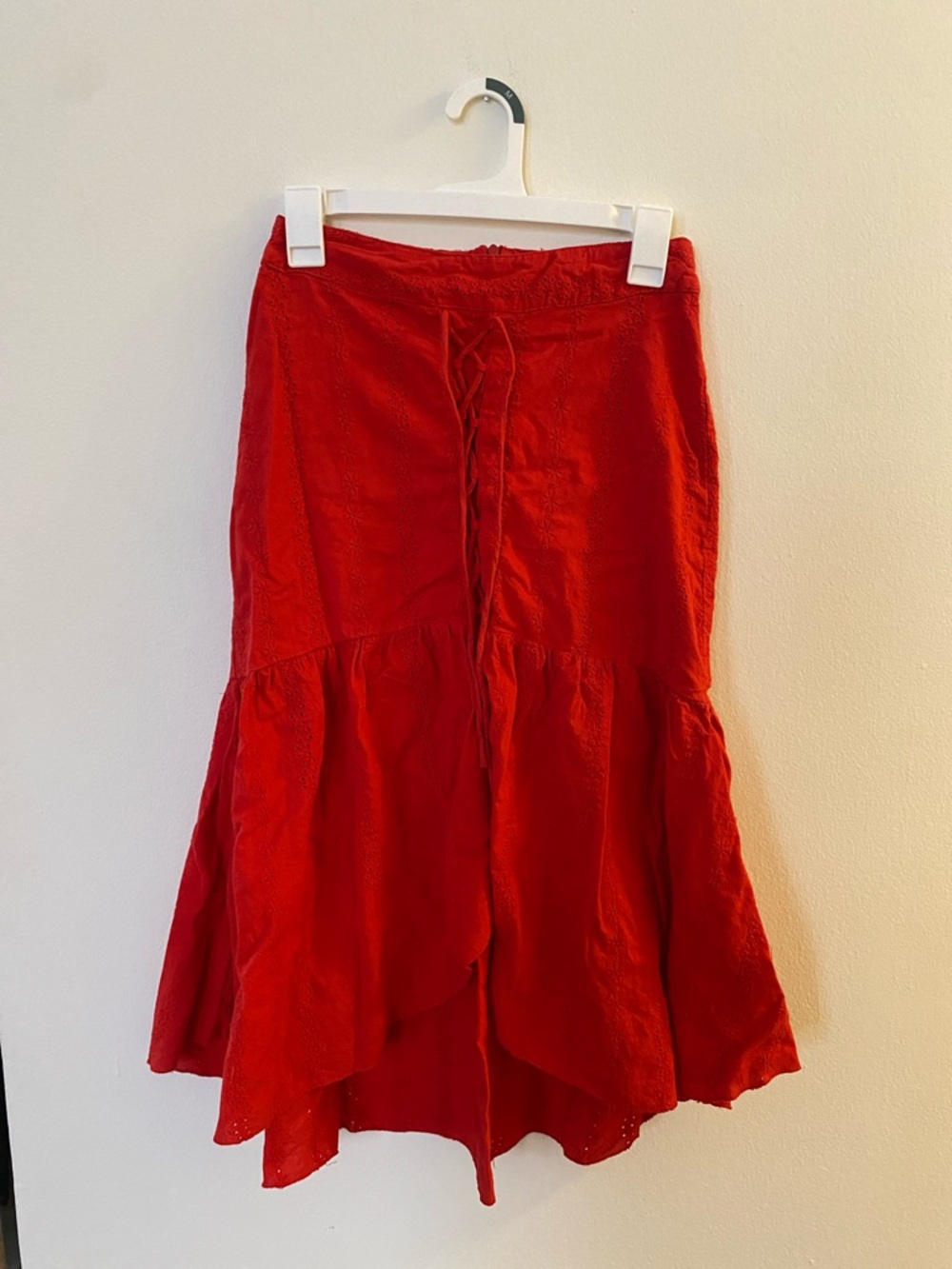 Red Tiered Peasant Eyelet Boho High Low Midi Skirt with Lace-Up Front 6